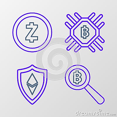 Set line Magnifying glass with Bitcoin, Shield Ethereum ETH, CPU mining farm and Cryptocurrency Zcash ZEC icon. Vector Vector Illustration