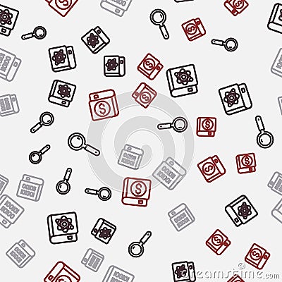 Set line Magnifying glass, Book about physics, Books programming and Financial book on seamless pattern. Vector Vector Illustration