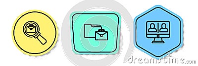 Set line Magnifying glass with briefcase, Online working and Video chat conference. Colored shapes. Vector Vector Illustration