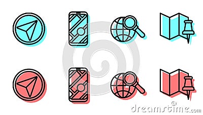 Set line Magnifying glass with globe, Infographic of city map navigation, City map navigation and Folded map with push Vector Illustration