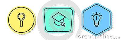 Set line Magnifying glass, Graduation cap on globe and Light bulb with concept of idea. Colored shapes. Vector Vector Illustration