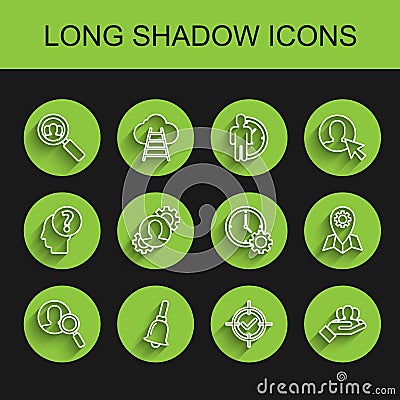 Set line Magnifying glass for search a people, Ringing bell, Target and check mark, Project team base, Human with gear Vector Illustration