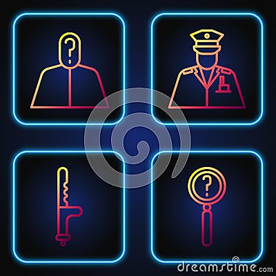 Set line Magnifying glass with search, Police rubber baton, Anonymous with question mark and Police officer. Gradient Vector Illustration