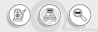 Set line Magnifying glass and taxi car, Petrol or Gas station and Taxi icon. Vector Stock Photo