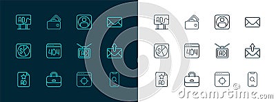 Set line Mail and e-mail, Briefcase, Advertising, Target financial goal, Page with 404 error, Create account screen, and Vector Illustration