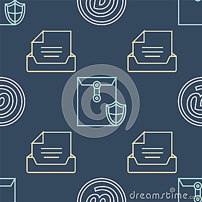 Set line Mail and e-mail, Drawer with document and Envelope with shield on seamless pattern. Vector Vector Illustration