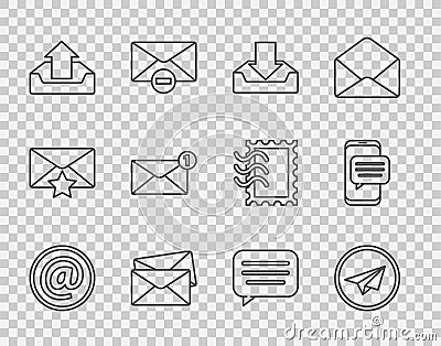 Set line Mail and e-mail, Paper plane, Download inbox, Envelope, Upload, Speech bubble chat and Chat messages Stock Photo