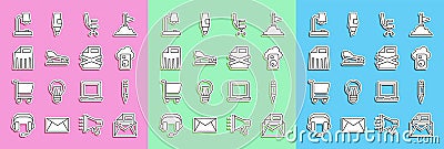 Set line Mail and e-mail, Pencil, Cloud database, Office chair, Stapler, Paper shredder, Table lamp and Delete file Vector Illustration