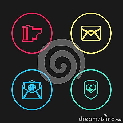 Set line Mail and e-mail, Shield heart rate, Envelope with Valentine and Camera film roll cartridge icon. Vector Vector Illustration