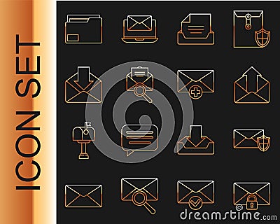 Set line Mail message lock password, Envelope with shield, Outgoing mail, Drawer document, magnifying glass, Document Vector Illustration