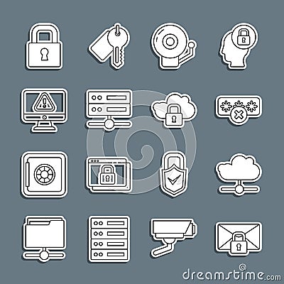Set line Mail message lock password, Network cloud connection, Password protection, Ringing alarm bell, Server, Data Vector Illustration