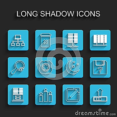 Set line Mail server, Ranking star, Computer network, Open new window, Loading, Police badge, Unknown document and Moon Stock Photo