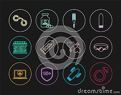 Set line Male gender symbol, Silicone ball gag, Spanking paddle, Condom safe sex, Sex shop building, Sexy fluffy Stock Photo