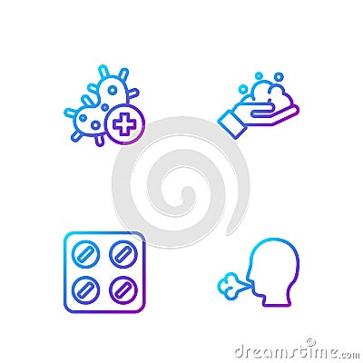 Set line Man coughing, Pills blister pack, Positive virus and Washing hands with soap. Gradient color icons. Vector Vector Illustration