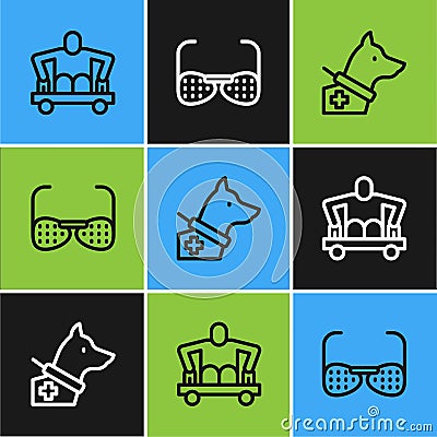 Set line Man without legs sitting wheelchair, Guide dog and Blind glasses icon. Vector Vector Illustration