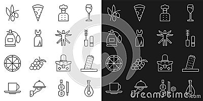 Set line Mandolin, Tower Pisa, Mascara brush, Italian cook, Woman dress, Perfume, Olives branch and Vitruvian icon Vector Illustration