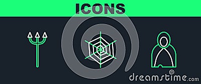 Set line Mantle, cloak, cape, Neptune Trident and Spider web icon. Vector Stock Photo