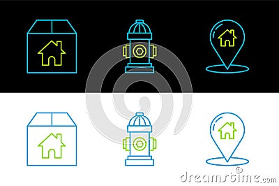 Set line Map pointer with house, Cardboard box and Fire hydrant icon. Vector Stock Photo
