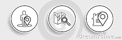 Set line Map pointer with house, marker silhouette of person and Folded map location icon. Vector Vector Illustration
