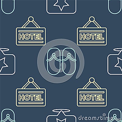 Set line Map pointer with star, Signboard with text Hotel and Flip flops on seamless pattern Vector Illustration
