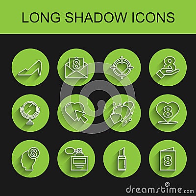 Set line 8 March in human head, Perfume, Woman shoe, Lipstick, Greeting card with, Heart and cursor click, and icon Vector Illustration