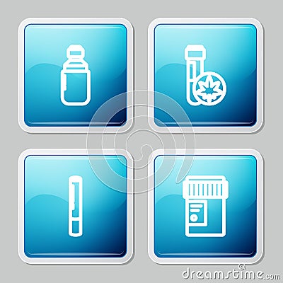 Set line Marijuana or cannabis olive oil, Chemical test tube with marijuana, joint and Medical bottle icon. Vector Vector Illustration