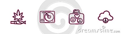 Set line Marijuana joint, spliff, Suitcase for travel, Vinyl player and Peace cloud icon. Vector Stock Photo