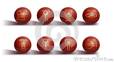 Set line Marked key, Car with remote, Old, Wrong, Lock picks for lock picking, Key and Create account screen icon Vector Illustration
