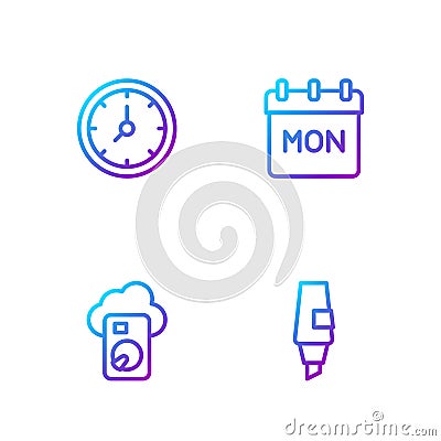 Set line Marker pen, Cloud database, Clock and Calendar. Gradient color icons. Vector Vector Illustration