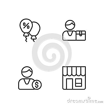 Set line Market store, Buyer, Discount percent tag and icon. Vector Vector Illustration