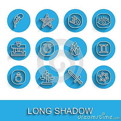 Set line Mars, Libra zodiac, Feather pen, Medieval sword, Tarot cards, Life, Gemini and Magic stone icon. Vector Vector Illustration