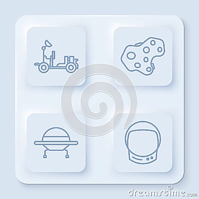 Set line Mars rover, Asteroid, UFO flying spaceship and Astronaut helmet. White square button. Vector Vector Illustration