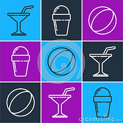 Set line Martini glass, Beach ball and Ice cream in waffle cone icon. Vector Vector Illustration