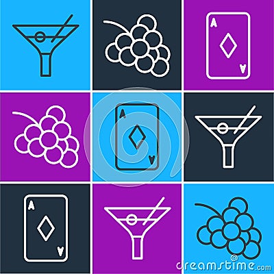 Set line Martini glass, Playing card with diamonds and Casino slot machine with grape icon. Vector Vector Illustration