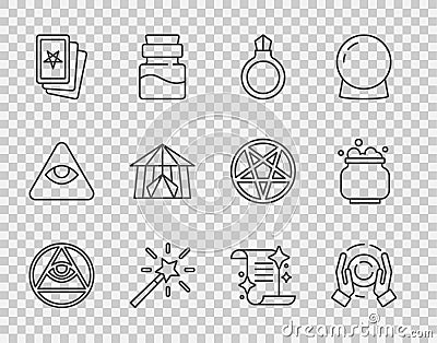 Set line Masons, Magic ball hand, stone ring with gem, wand, Three tarot cards, Circus tent, Ancient magic book and Vector Illustration