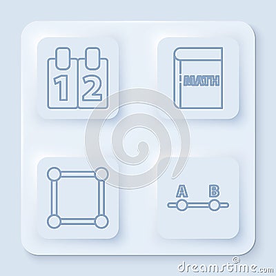 Set line Mathematics function cosine, Triangle math, Chalkboard with diagram and Test or exam sheet. White square button Vector Illustration