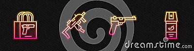 Set line Mauser gun, Buying pistol, MP9I submachine and Pepper spray. Glowing neon icon. Vector Vector Illustration
