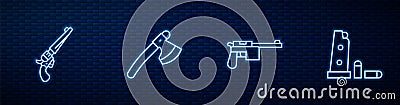 Set line Mauser gun, Revolver, Wooden axe and Gun magazine and bullets. Glowing neon icon on brick wall. Vector Vector Illustration