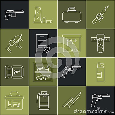 Set line Mauser gun, Weapons oil bottle, Knife holster, case, Firearms license certificate, MP9I submachine, and Vector Illustration