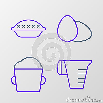 Set line Measuring cup, Bakery bowl dough, Chicken egg and Homemade pie icon. Vector Vector Illustration