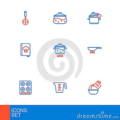 Set line Measuring cup and bowl, Gas stove, Frying pan on fire, Cookbook, Cooking pot, and icon. Vector Vector Illustration