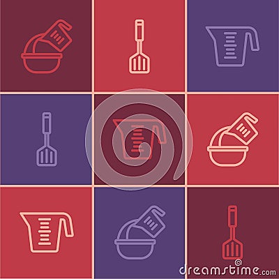 Set line Measuring cup and bowl, and Spatula icon. Vector Stock Photo