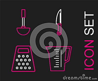Set line Measuring cup, Grater, Knife and Kitchen ladle icon. Vector Vector Illustration