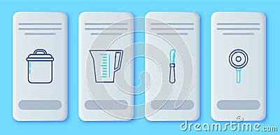 Set line Measuring cup, Knife, Cooking pot and Frying pan icon. Vector Vector Illustration
