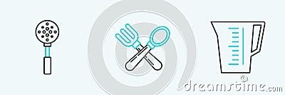 Set line Measuring cup, Spatula and Crossed fork and spoon icon. Vector Vector Illustration