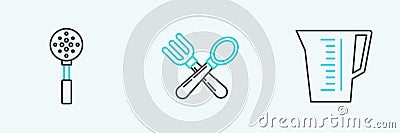 Set line Measuring cup, Spatula and Crossed fork and spoon icon. Vector Stock Photo