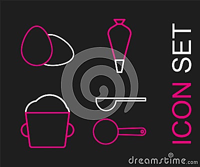 Set line Measuring spoon, Bakery bowl dough, Pastry bag for decorate cakes and Chicken egg icon. Vector Stock Photo