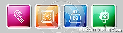 Set line Measuring tape, Clock, Weight and Smart watch. Colorful square button. Vector Vector Illustration