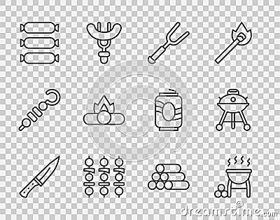 Set line Meat chopper, Barbecue grill, fork, Grilled shish kebab, Sausage, Campfire, Wooden logs and icon. Vector Vector Illustration