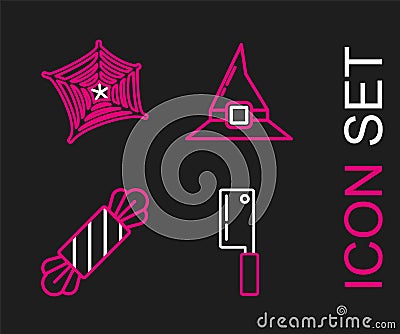 Set line Meat chopper, Candy, Witch hat and Spider web icon. Vector Vector Illustration